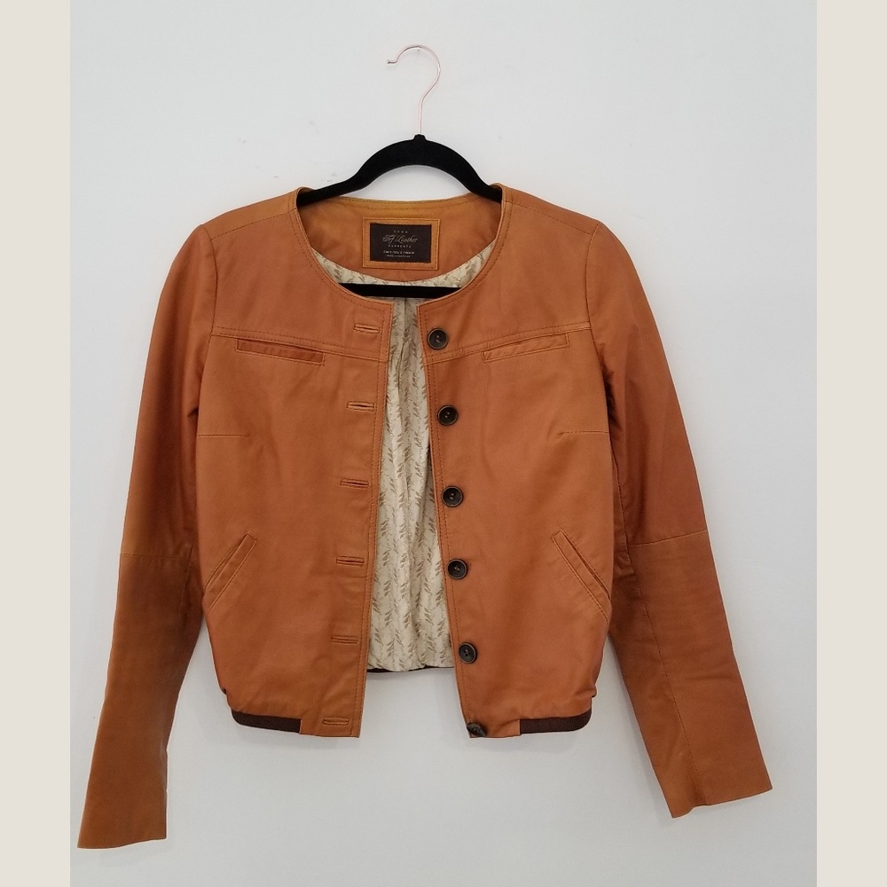 Brown Leather Collarless Jacket